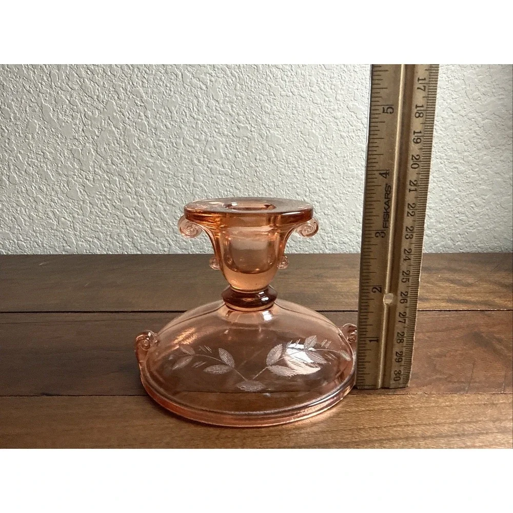 Vintage 1920s imperial glass double scroll rose pink candlestick cut floral...